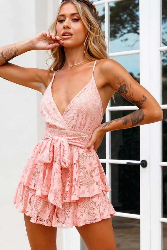 Sustainable Women's Clothing Colorful Clothing Maddox Fit & Flare Cami Strap Romper Floral Lace Blush Sustainable Women's Clothing Colorful Clothing Maddox Fit & Flare Cami Strap Romper Floral Lace Blush