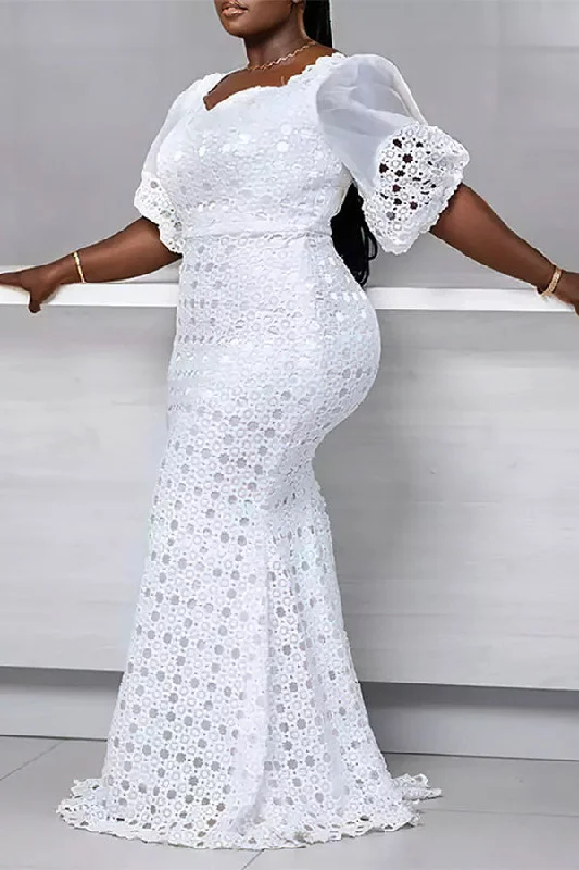 High-Fashion Women's Clothing Season Sale Solid Color Lace Sweet Puff Sleeve Fishtail Maxi Dress High-Fashion Women's Clothing Season Sale Solid Color Lace Sweet Puff Sleeve Fishtail Maxi Dress