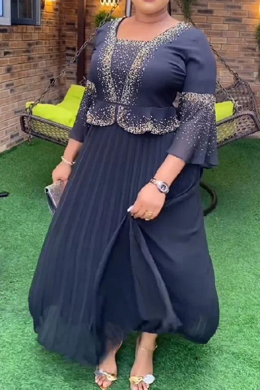 Women's Seasonal Garments Formal Outfit Beaded Decor Retro Peplum Pleated Maxi Dress Women's Seasonal Garments Formal Outfit Beaded Decor Retro Peplum Pleated Maxi Dress