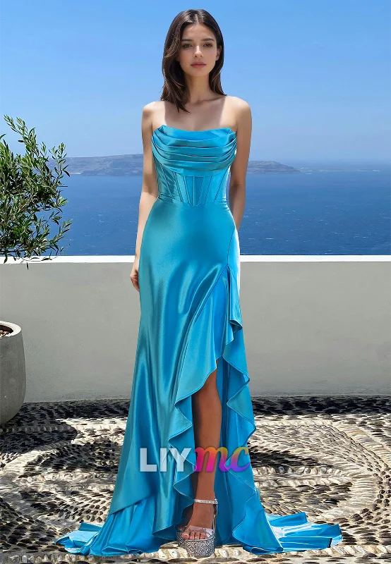 Women's Elegant Outfit Feminine Soft - Hued Look Off-Shoulder Sleeveless Pleated Ruffled Sleek Mermaid Prom Dress Women's Elegant Outfit Feminine Soft - Hued Look Off-Shoulder Sleeveless Pleated Ruffled Sleek Mermaid Prom Dress