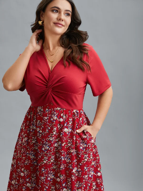 Women's Holiday Attire Fashion Forward Twist-Front V-Neck Stretchy Waist Midi Dress