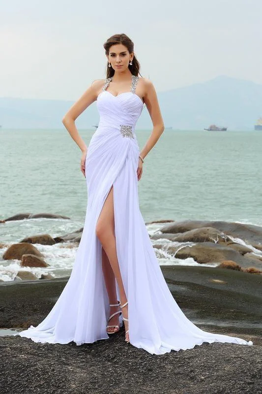 Vintage Clothing For Women Y2K Nostalgic Fashion Look Sheath Straps Beading Long Halter Chiffon Slit Sweetheart Beach Wedding Dresses Vintage Clothing For Women Y2K Nostalgic Fashion Look Sheath Straps Beading Long Halter Chiffon Slit Sweetheart Beach Wedding Dresses