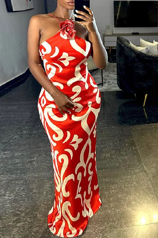 Women's Clothing For Outdoor Events Fashion Sale 3D Flower Decor Halter Collar Urban Tribal Print Maxi Dress Women's Clothing For Outdoor Events Fashion Sale 3D Flower Decor Halter Collar Urban Tribal Print Maxi Dress