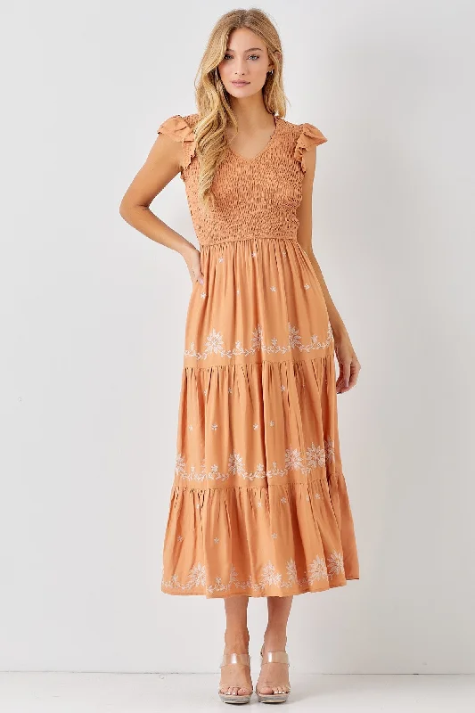 Women's Vacation Garments Elevated Style Rey Copper Smocked Floral Dress
