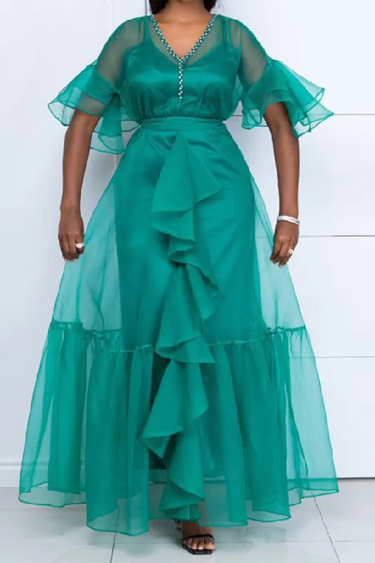 Women's Casual Attire Latest Fashion Solid Color Tulle Elegant Ruffle Maxi Dress