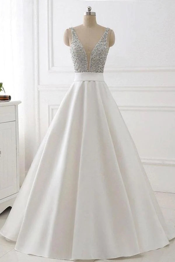 Plus-Size Women's Garments Holiday Sale Stunning Ivory A-Line V-Neck Satin Backless Sleeveless Evening Prom Dress with Beaded Plus-Size Women's Garments Holiday Sale Stunning Ivory A-Line V-Neck Satin Backless Sleeveless Evening Prom Dress with Beaded