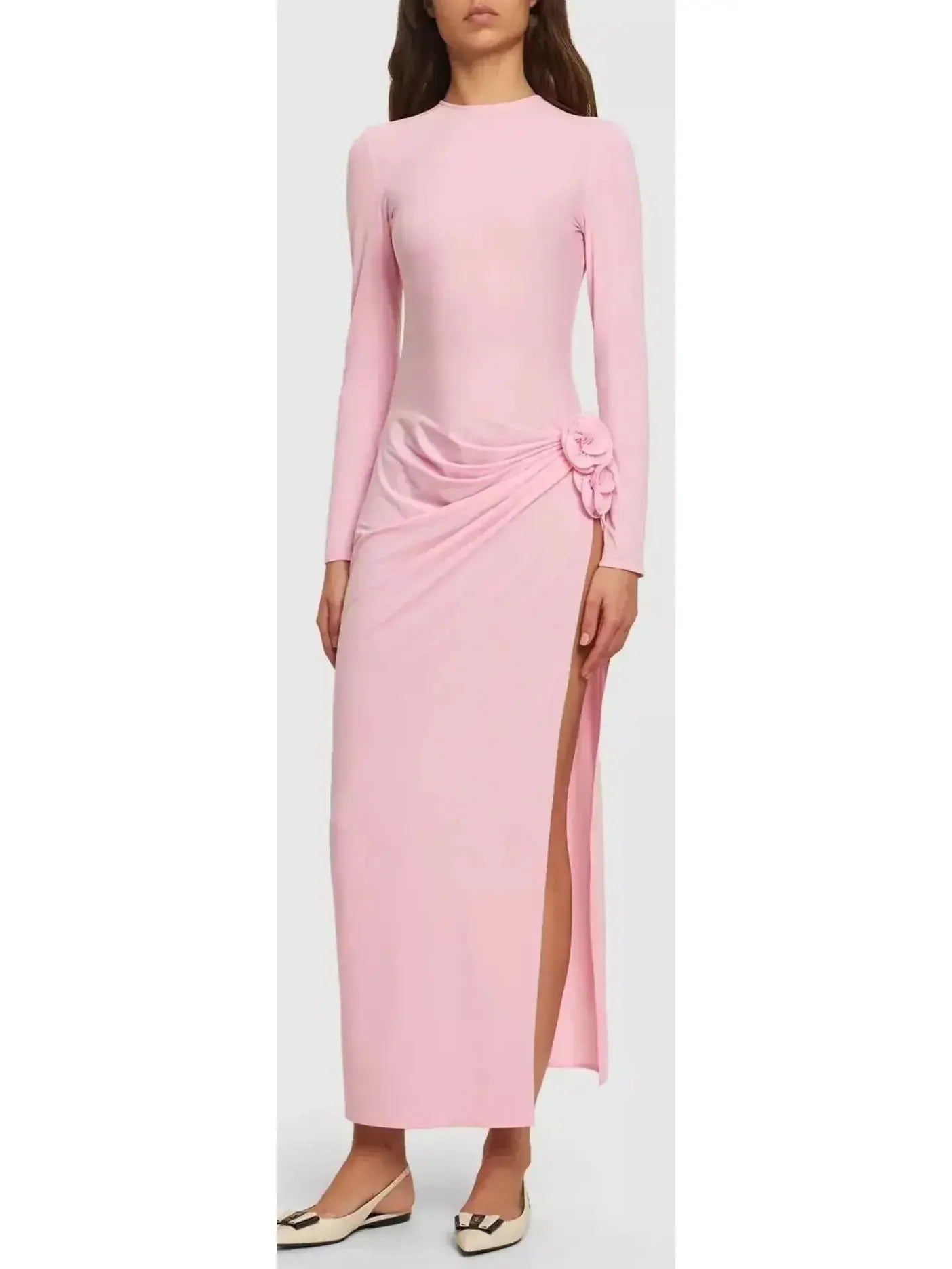 Modern Women's Outfit Fashion-Forward Gathered Long Sleeve Maxi Dress in Pink