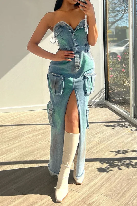 Charming Women's Garments Romantic Flair Gradient Smart High Split Maxi Dress