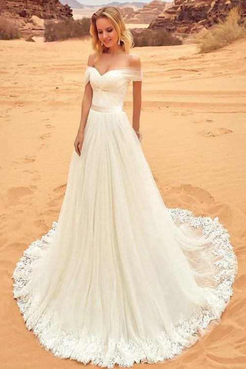 Casual Chic Women's Clothes Fashion-Forward Style Sexy Off-the-Shoulder Sweep Train Sweetheart A-Line Tulle Ivory Floor-Length Wedding Dress Casual Chic Women's Clothes Fashion-Forward Style Sexy Off-the-Shoulder Sweep Train Sweetheart A-Line Tulle Ivory Floor-Length Wedding Dress