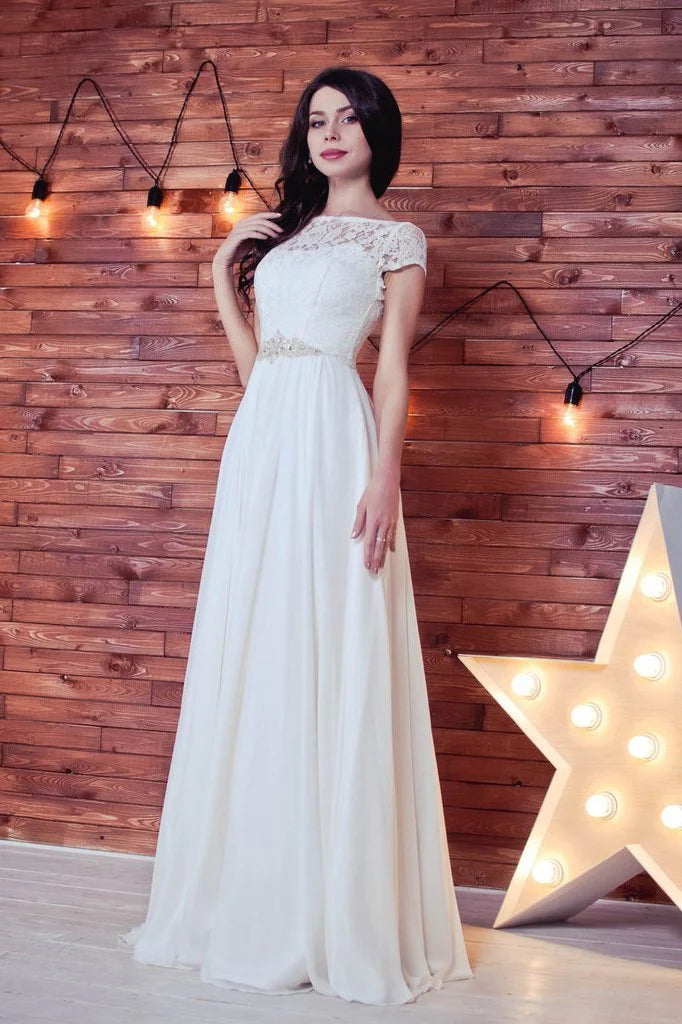 Women's Luxury Garments Flash Sales Lace Romantic White Chiffon A-Line Floor-Length Bateau Short Sleeve Wedding Dress Women's Luxury Garments Flash Sales Lace Romantic White Chiffon A-Line Floor-Length Bateau Short Sleeve Wedding Dress