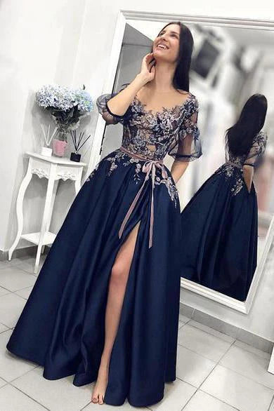 Women's Active Garments For Workouts Update With Cottagecore Styles Satin A line Short Sleeve Blue Prom Dresses with High Slit, Long Evening Dresses with Pockets Women's Active Garments For Workouts Update With Cottagecore Styles Satin A line Short Sleeve Blue Prom Dresses with High Slit, Long Evening Dresses with Pockets