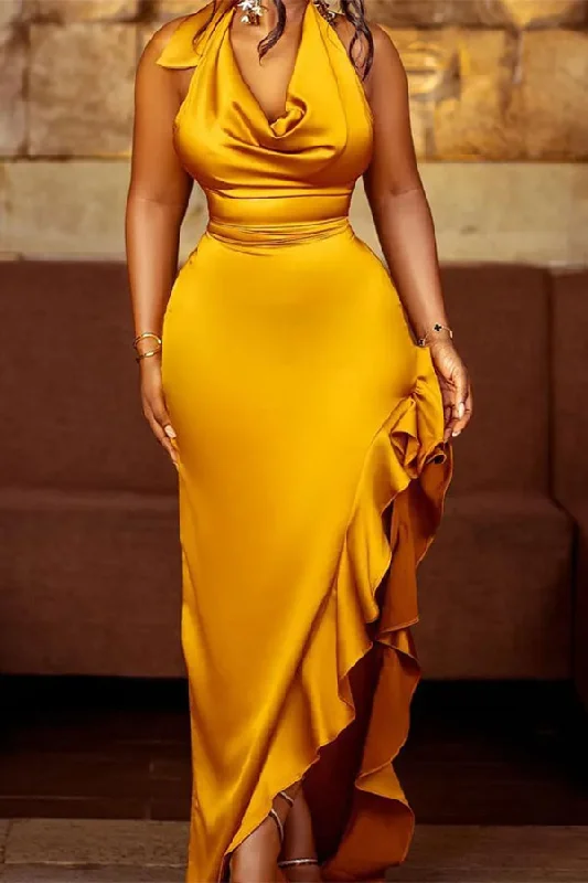 Women's Athletic Garments Elegant Attire Solid Color Halter Collar Striking Ruffle High Split Maxi Dress Women's Athletic Garments Elegant Attire Solid Color Halter Collar Striking Ruffle High Split Maxi Dress