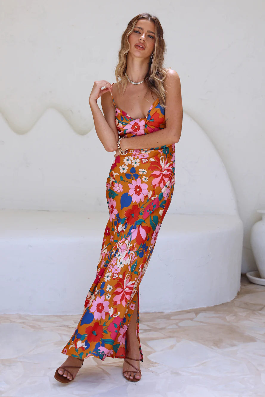 Women's Fashionable Attire For Work Feminine Charm Bale Orange Twist Maxi Floral Dress Women's Fashionable Attire For Work Feminine Charm Bale Orange Twist Maxi Floral Dress