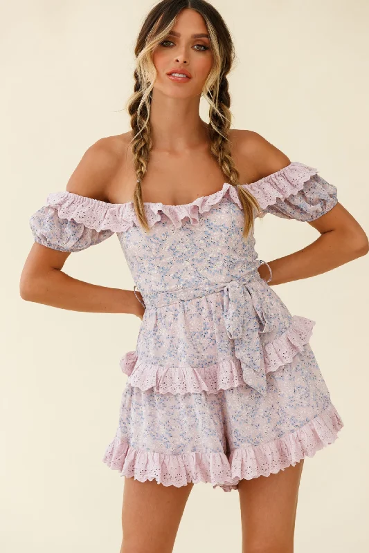 Women's Activewear Outfit Bold Silhouette Tulsa Off Shoulder Waist Tie Frill Romper Floral Print Pink Women's Activewear Outfit Bold Silhouette Tulsa Off Shoulder Waist Tie Frill Romper Floral Print Pink