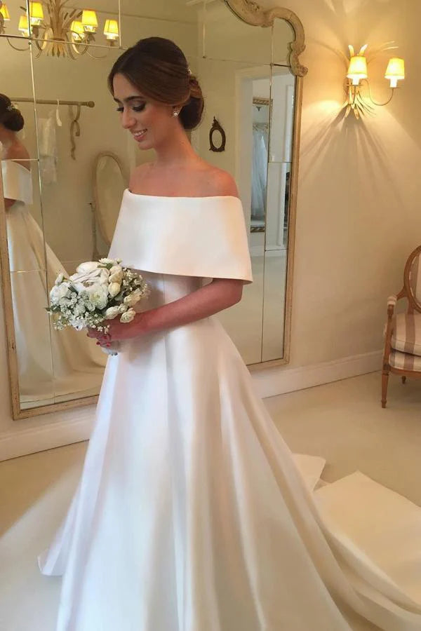 Women's Clothing With Trendy Designs Mid - Week Surprise Simple Satin A-line Off the Shoulder Ivory Cheap Bridal Gown Wedding Dresses Women's Clothing With Trendy Designs Mid - Week Surprise Simple Satin A-line Off the Shoulder Ivory Cheap Bridal Gown Wedding Dresses