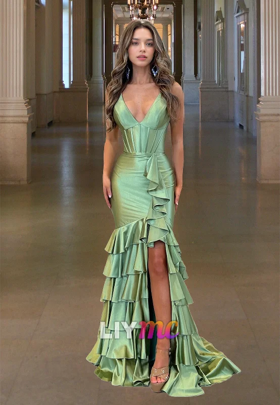 Formal Outfit For Women Fashion-Forward Style V-Neck Sleeveless Tiered Ruffled Mermaid Prom Dress Formal Outfit For Women Fashion-Forward Style V-Neck Sleeveless Tiered Ruffled Mermaid Prom Dress