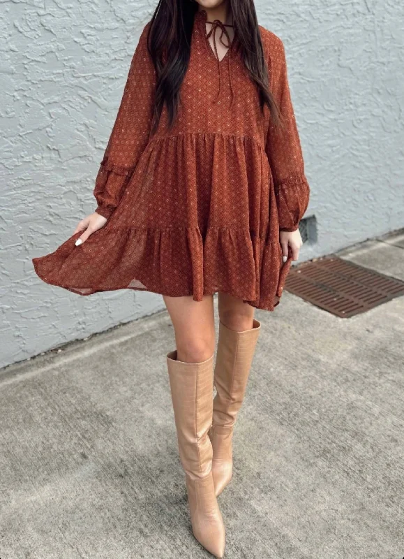 Women's Plus-Size Attire Alluring Design Mini Dress In Printed Veil In Rust Clarrise Women's Plus-Size Attire Alluring Design Mini Dress In Printed Veil In Rust Clarrise