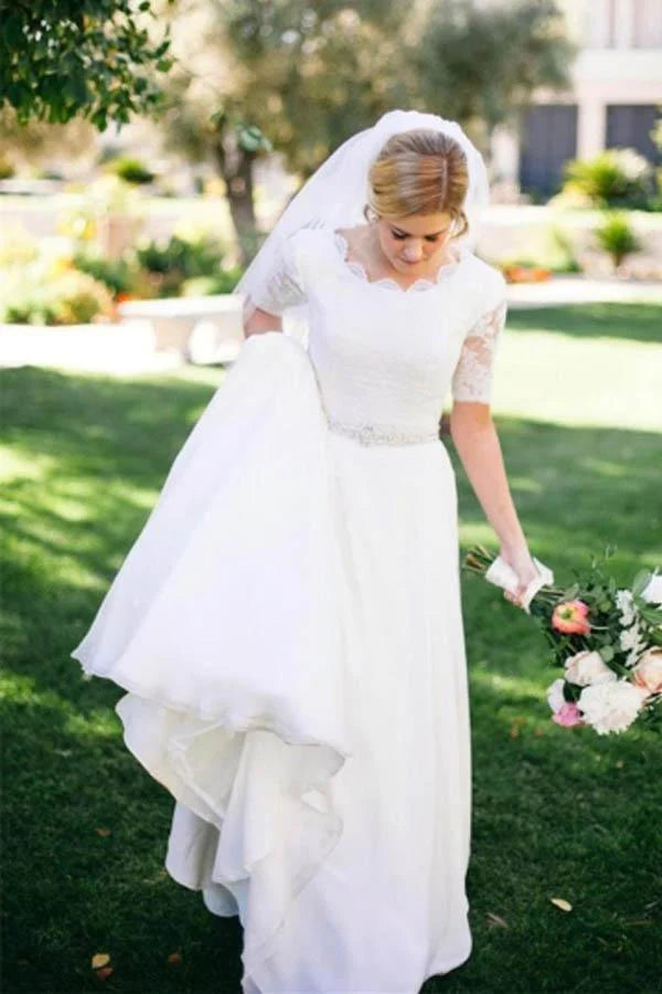 Women's Everyday Attire Flash Sale Fever Lace A-Line Beading Ivory Scoop Chiffon Half Sleeve Floor-Length Wedding Dresses
