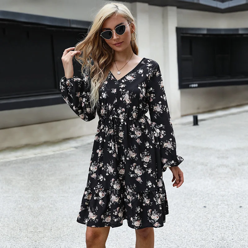 Chic Women's Outfit Special Offers IKEARLAX cross-border trade autumn floral v-neck long-sleeved skirt lace-up A-word dress women Chic Women's Outfit Special Offers IKEARLAX cross-border trade autumn floral v-neck long-sleeved skirt lace-up A-word dress women