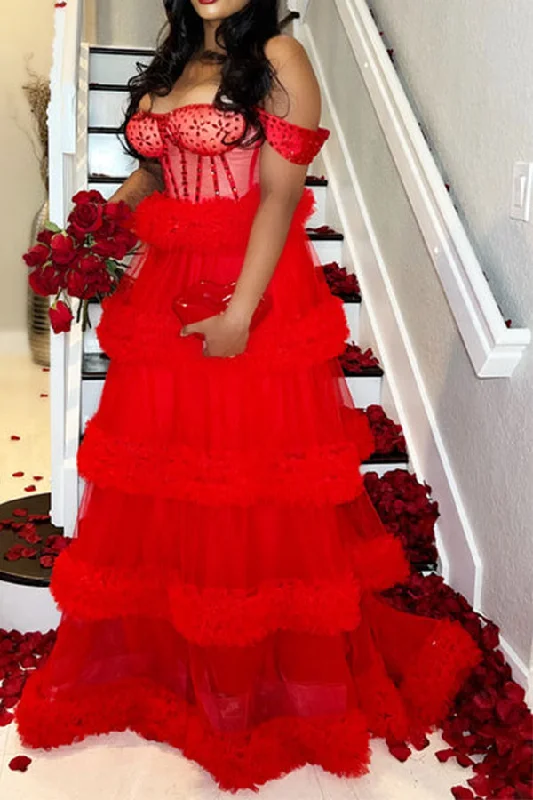 Women's Luxury Apparel Alluring Design Patchwork Rhinestone Romantic Tulle Tiered Maxi Dress Women's Luxury Apparel Alluring Design Patchwork Rhinestone Romantic Tulle Tiered Maxi Dress