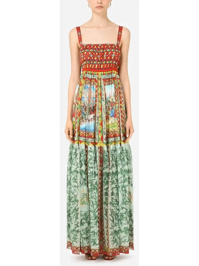 Affordable Women's Apparel Luxe Layering Carretto Print Chiffon Maxi Dress in Multicolor Affordable Women's Apparel Luxe Layering Carretto Print Chiffon Maxi Dress in Multicolor