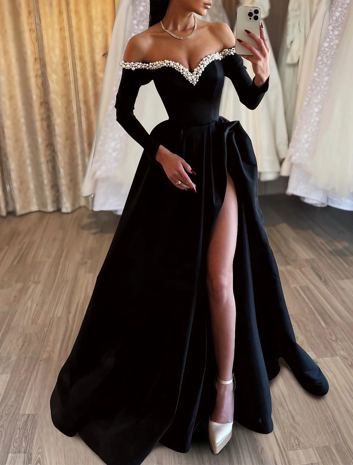Women's Work Apparel Summer Essentials A-Line Evening Gown Black Dress Dress Formal Masquerade Sweep / Brush Train Long Sleeve Off Shoulder Satin with Pearls Slit Women's Work Apparel Summer Essentials A-Line Evening Gown Black Dress Dress Formal Masquerade Sweep / Brush Train Long Sleeve Off Shoulder Satin with Pearls Slit