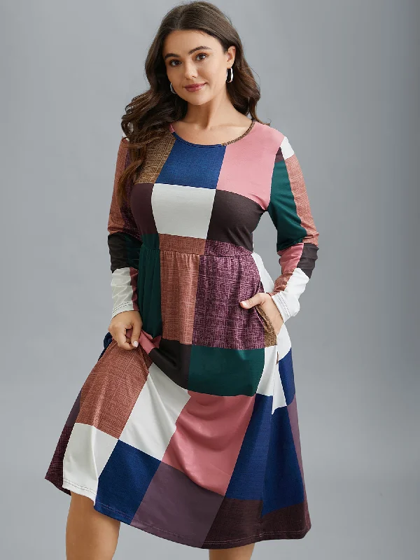 Women's Garments Hot Trends Geometric Block Stretchy Waist Pocket Midi Dress
