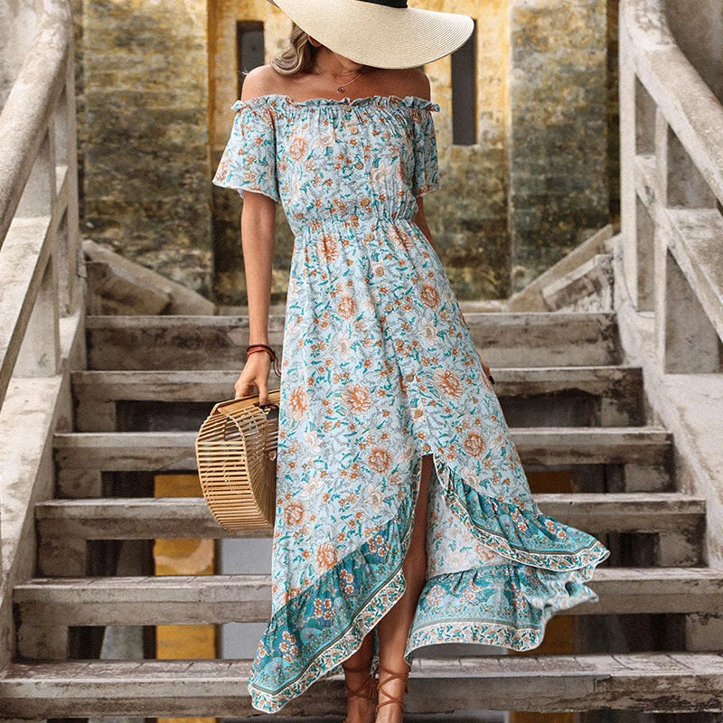 Fashionable Women's Clothing Budget Friendly IKEARLAX cross-border summer oil painting floral dress one-word collar print dress Fashionable Women's Clothing Budget Friendly IKEARLAX cross-border summer oil painting floral dress one-word collar print dress