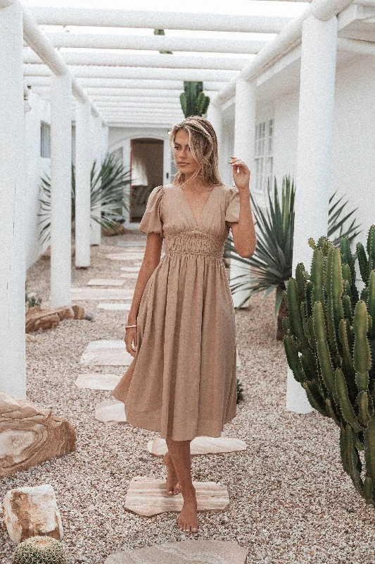Women's Transitional Garments Quality Driven Apparel Ronnie Short Sleeve Midi Dress - Tan Women's Transitional Garments Quality Driven Apparel Ronnie Short Sleeve Midi Dress - Tan