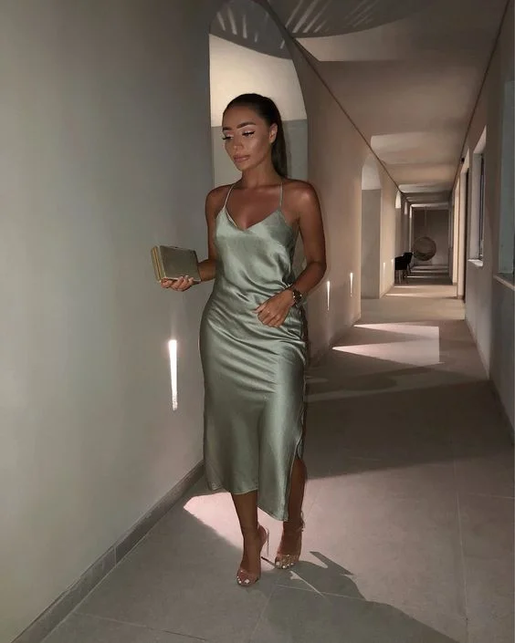 Women's Evening Wear Attire Chic Urban Fashion Look Green Evening Dress Satin Spaghetti Strap With Split S3161 Women's Evening Wear Attire Chic Urban Fashion Look Green Evening Dress Satin Spaghetti Strap With Split S3161