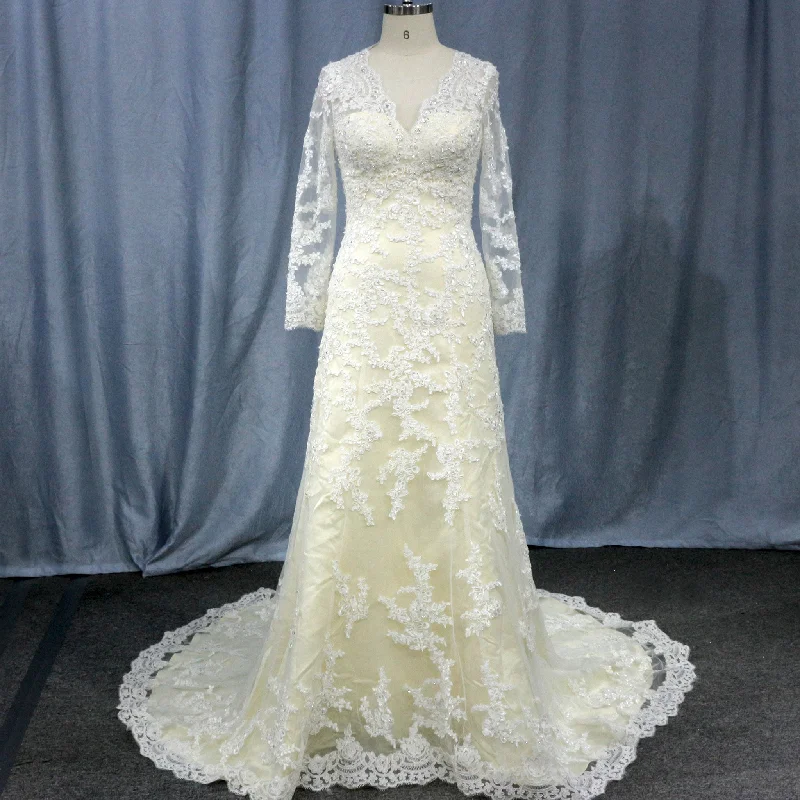 Women's Outerwear Garments Exquisite Women's Wear Sale Elegant Cream Long Sleeve A Line V-Neck Lace Wedding Dresses Women's Outerwear Garments Exquisite Women's Wear Sale Elegant Cream Long Sleeve A Line V-Neck Lace Wedding Dresses