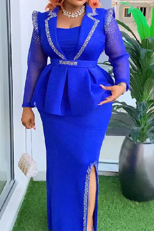 Women's Clothing Sets Trendy Styles Patchwork Rhinestone Feminine Peplum Side Slit Maxi Dress Women's Clothing Sets Trendy Styles Patchwork Rhinestone Feminine Peplum Side Slit Maxi Dress