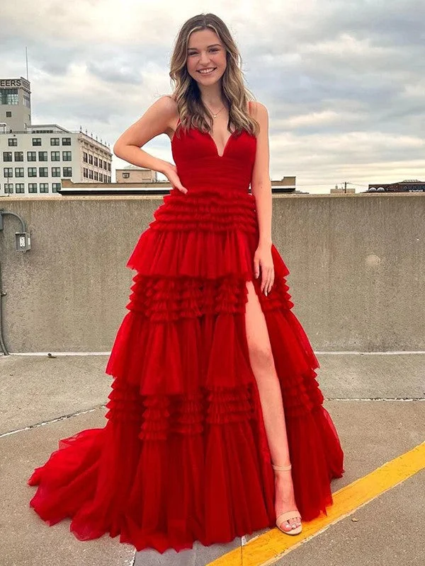 Affordable Women's Garments Big Savings A-Line/Princess Tulle Ruffles V-neck Sleeveless Sweep/Brush Train Dresses Affordable Women's Garments Big Savings A-Line/Princess Tulle Ruffles V-neck Sleeveless Sweep/Brush Train Dresses