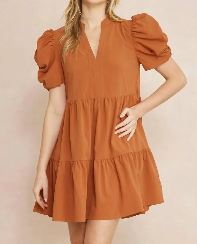 Women's Sporty Clothes Your Timeless Wardrobe Awaits Puff Sleeve Mini Dress In Cognac Women's Sporty Clothes Your Timeless Wardrobe Awaits Puff Sleeve Mini Dress In Cognac