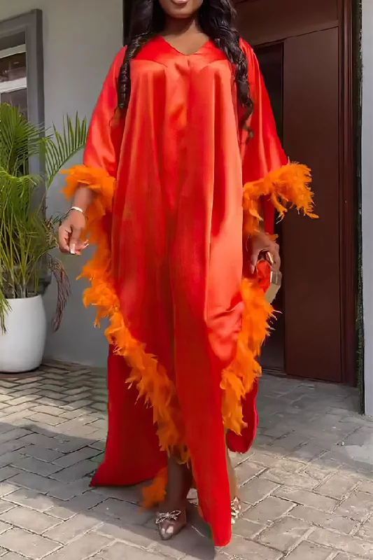 Women's Seasonal Clothing Latest Trends Solid Color Feather Patchwork Luxe High Split Maxi Dress