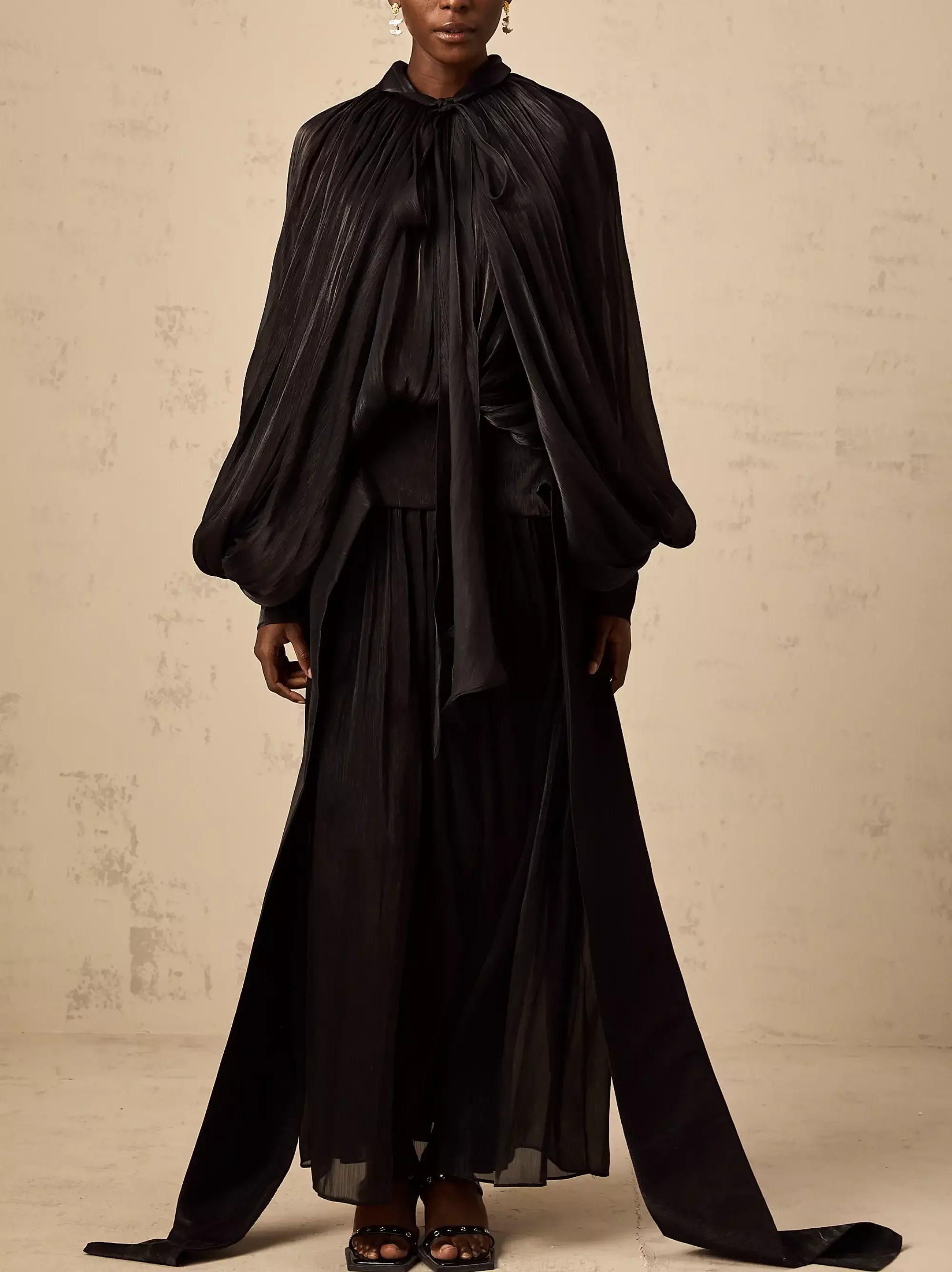 Women's Holiday Clothing Trendsetting Threads Draped Pleated Tie-Neck Maxi Dress in Black