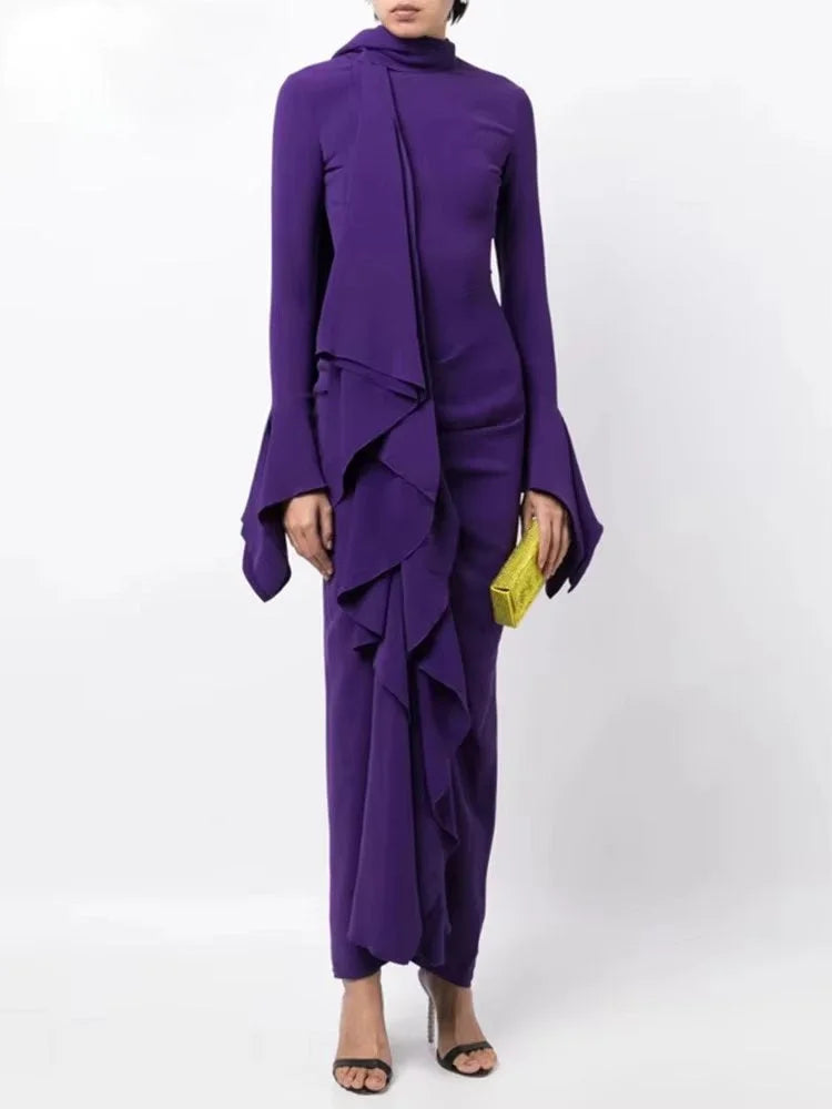 Fashion-Forward Women's Clothing Trendy Women's Wear Collection Draped Ruffled Crepe Scarf Maxi Dress in Purple Fashion-Forward Women's Clothing Trendy Women's Wear Collection Draped Ruffled Crepe Scarf Maxi Dress in Purple