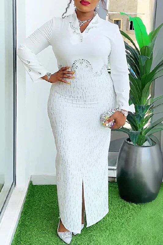 Luxury Women's Clothing Seasonal Trends Solid Color Rhinestone Stylish Mid Split Maxi Dress Luxury Women's Clothing Seasonal Trends Solid Color Rhinestone Stylish Mid Split Maxi Dress