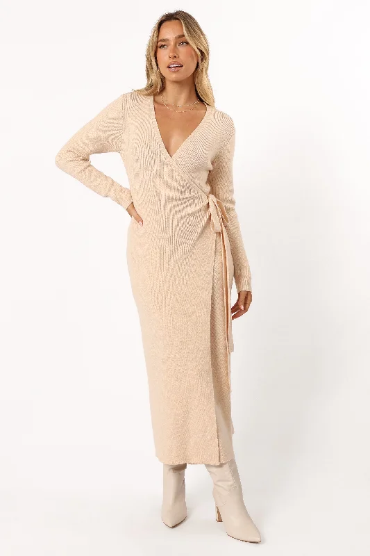 Women's Comfortable Garments Versatile Wardrobe Essentials Kellan Wrap Midi Dress - Beige Women's Comfortable Garments Versatile Wardrobe Essentials Kellan Wrap Midi Dress - Beige