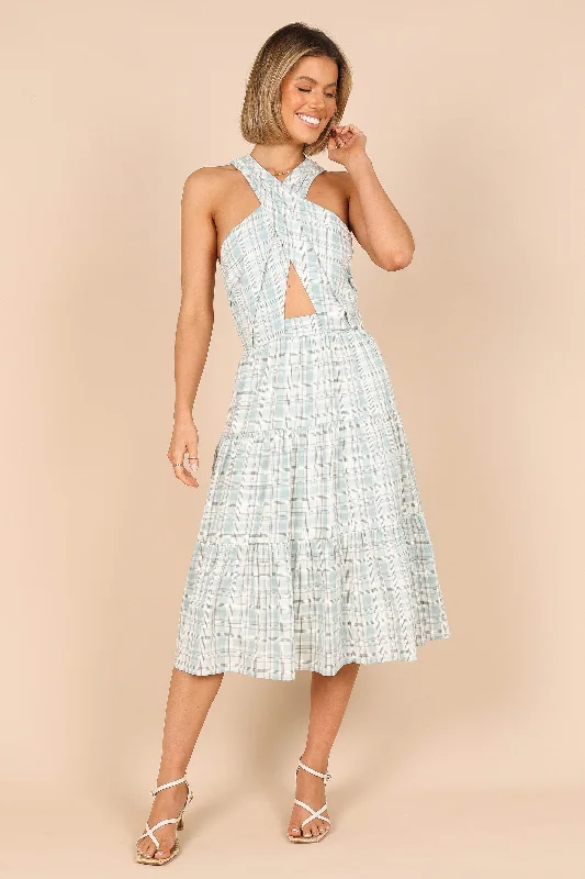 Modern Women's Attire Get The Latest Trends Georgian Halter Neck Midi Dress - Blue Check Modern Women's Attire Get The Latest Trends Georgian Halter Neck Midi Dress - Blue Check