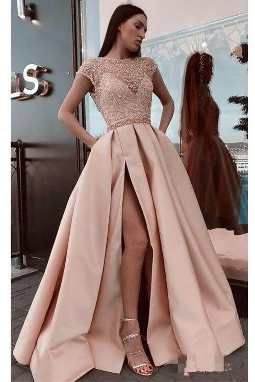 Women's Travel Garments Beat The Heat In Tropical Styles A Line Stunning Satin Beads Cap Sleeves Prom Dresses with High Slit Pockets
