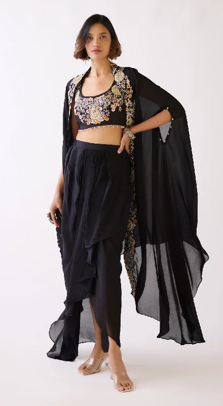 Women's Luxury Attire Classic Appeal Black Embroidered Floral Cape Set
