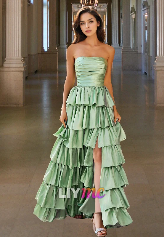 Comfortable Outfit For Women Dreamy Draping Straight Across Sleeveless Pleated Tiered A-Line Prom Dress