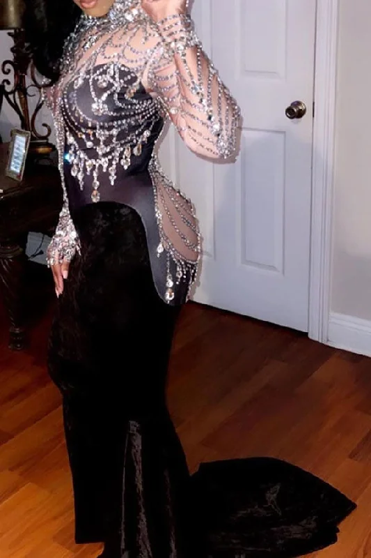 Fashionable Women's Casual Apparel Hollywood Glam Award - Show Style Rhinestone Glamorous See-Through Maxi Dress Fashionable Women's Casual Apparel Hollywood Glam Award - Show Style Rhinestone Glamorous See-Through Maxi Dress