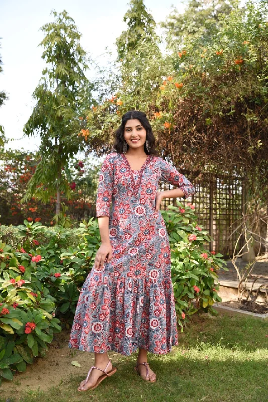 Women's Clothes And Apparel Sets Chic Urban Fashion Look Red Blossoms Pure Handblock Cotton Maxi Dress Women's Clothes And Apparel Sets Chic Urban Fashion Look Red Blossoms Pure Handblock Cotton Maxi Dress