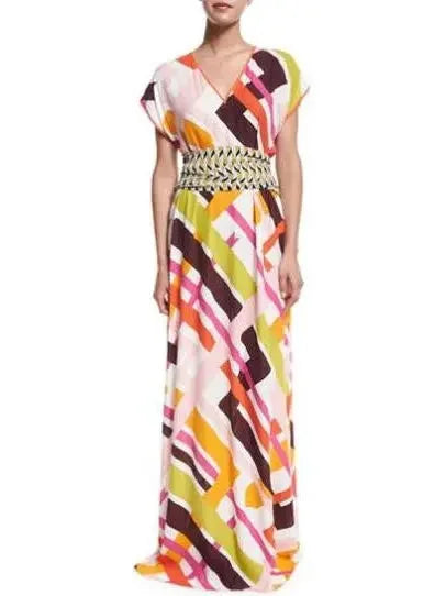 Stylish Women's Outfit Premium Quality Garments Parioli-Print Coverup Maxi Dress w/Tie, White/Pink Green Stylish Women's Outfit Premium Quality Garments Parioli-Print Coverup Maxi Dress w/Tie, White/Pink Green