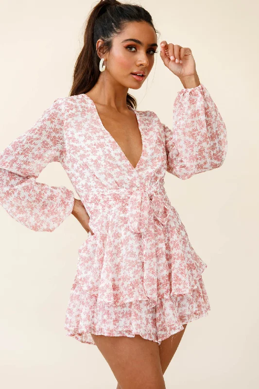 Women's Work Outfit Contemporary Chic Maddox Fit & Flare Long Sleeve Romper Dainty Floral Print Pink Women's Work Outfit Contemporary Chic Maddox Fit & Flare Long Sleeve Romper Dainty Floral Print Pink