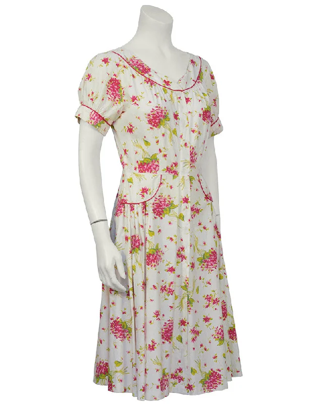 Women's Chic Outerwear Attire Elegant Details Floral Cotton Daydress with Red Piping Women's Chic Outerwear Attire Elegant Details Floral Cotton Daydress with Red Piping