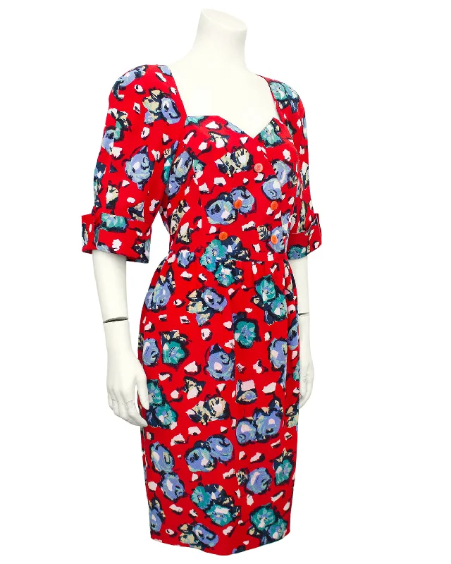 Women's Clothing And Garments Sets Elegant Contour Red Silk Floral Dress
