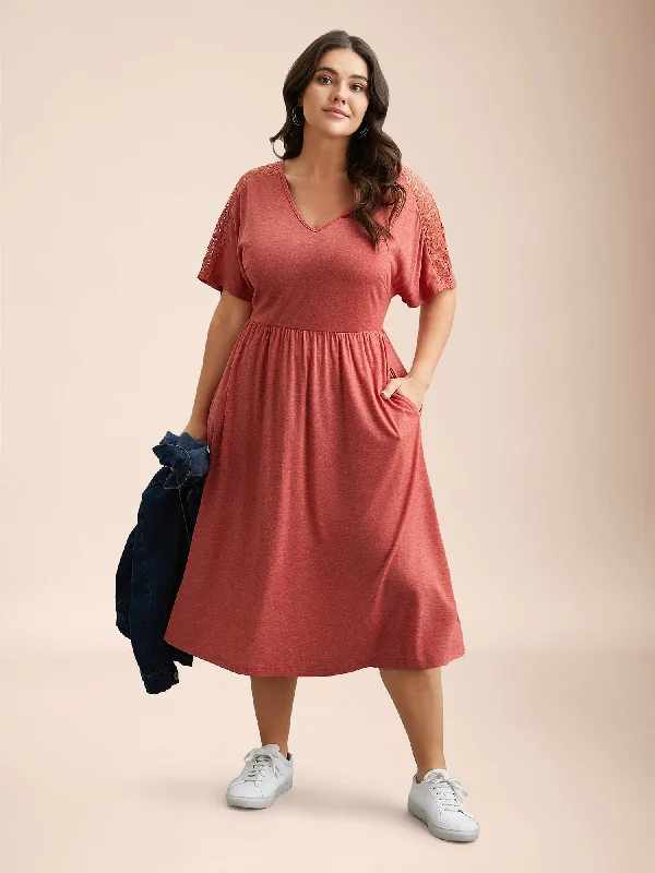 Timeless Women's Outfit Save On Inspired Styles V-Neck Sheer Lace Pockets Midi Dress Timeless Women's Outfit Save On Inspired Styles V-Neck Sheer Lace Pockets Midi Dress